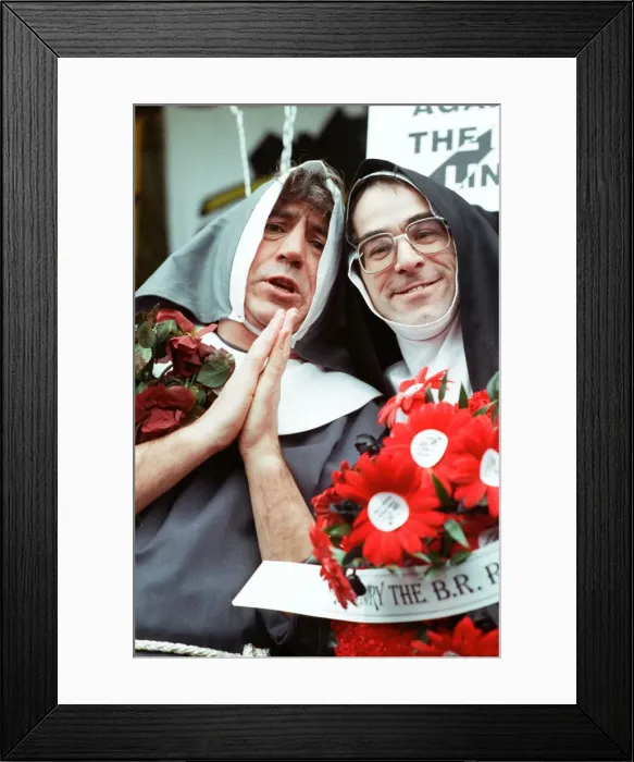 Framed Print : Comedian and actor Terry Jones takes part in a rail tunnel protest outside Waterloo Framed Print : Comedian and actor Terry Jones takes part in a rail tunnel protest outside Waterloo