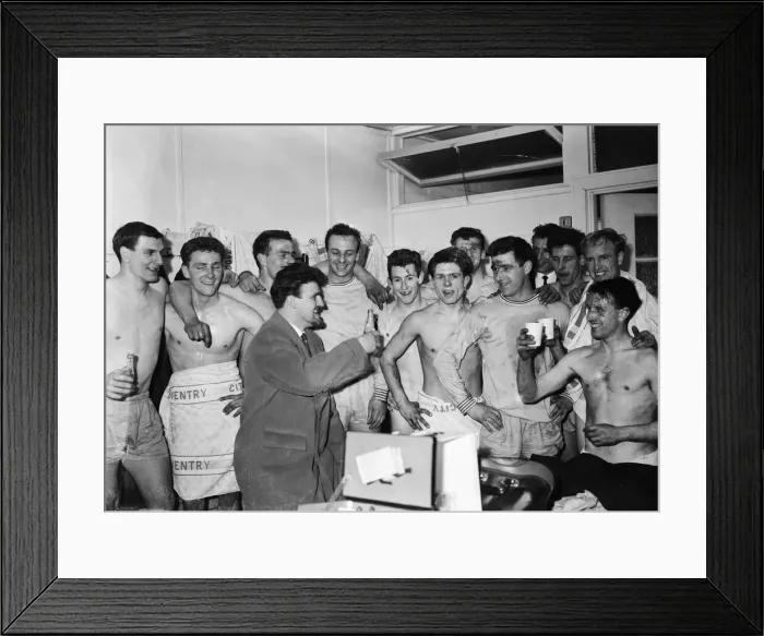 Framed Print : Coventry City manager Jimmy Hill celebrates with the team after drawing 2 - 2 with Framed Print : Coventry City manager Jimmy Hill celebrates with the team after drawing 2 - 2 with