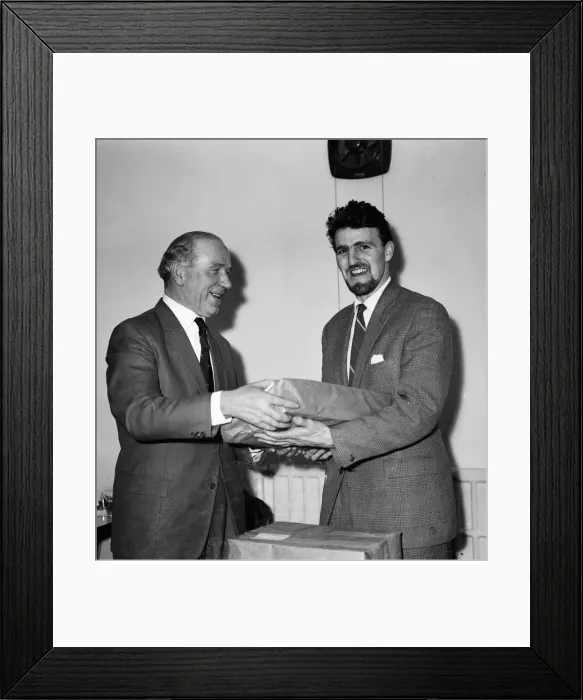 Framed Print : Manchester United manager Matt Busby and Coventry City manager Jimmy Hill exchange gifts Framed Print : Manchester United manager Matt Busby and Coventry City manager Jimmy Hill exchange gifts