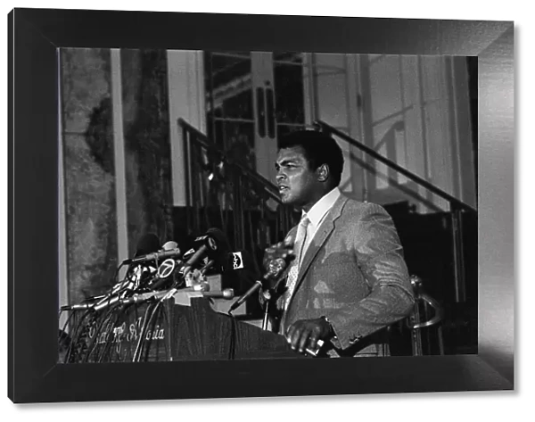 Muhammad Ali speaking at a press conference ahead of his upcoming fight against World