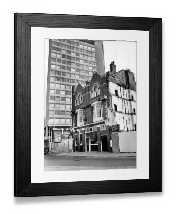 Framed Print : Bristol Garricks Head pub centre shortly before demolition 1975 with modern tower block Framed Print : Bristol Garricks Head pub centre shortly before demolition 1975 with modern tower block