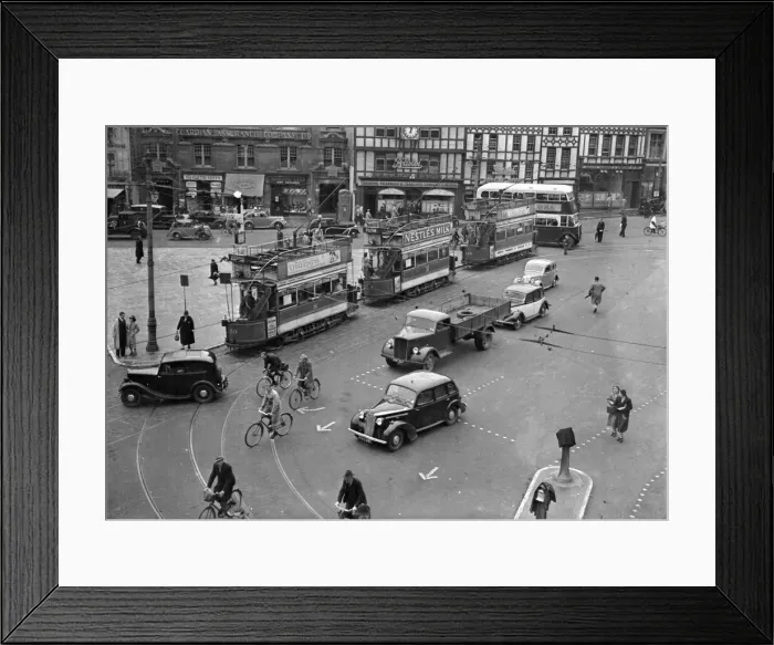 Framed Print : Cyclist negotiate a busy Bristol Tramway Centre June 1939