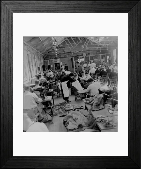 Framed Print : Horfield Jail, Bristol in 1960, shows the inmates of Horfield jail sewing mailbags using Framed Print : Horfield Jail, Bristol in 1960, shows the inmates of Horfield jail sewing mailbags using