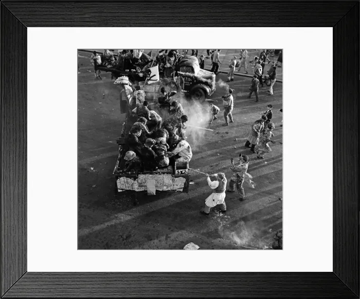 Framed Print : Lorry Battle. Students rag afternoon. A battle of flour and soot on Marine Parade Framed Print : Lorry Battle. Students rag afternoon. A battle of flour and soot on Marine Parade
