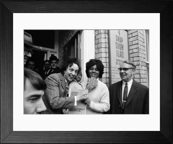 Framed Print : Comedian Ken Dodd opens flats in Ducie Street and Beaconsfield Street, Toxteth, Liverpool