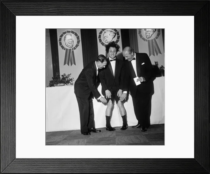 Framed Print : Sir Matt Busby with Joe Mercer and Ken Dodd at Daily Mirror Election Night dinner