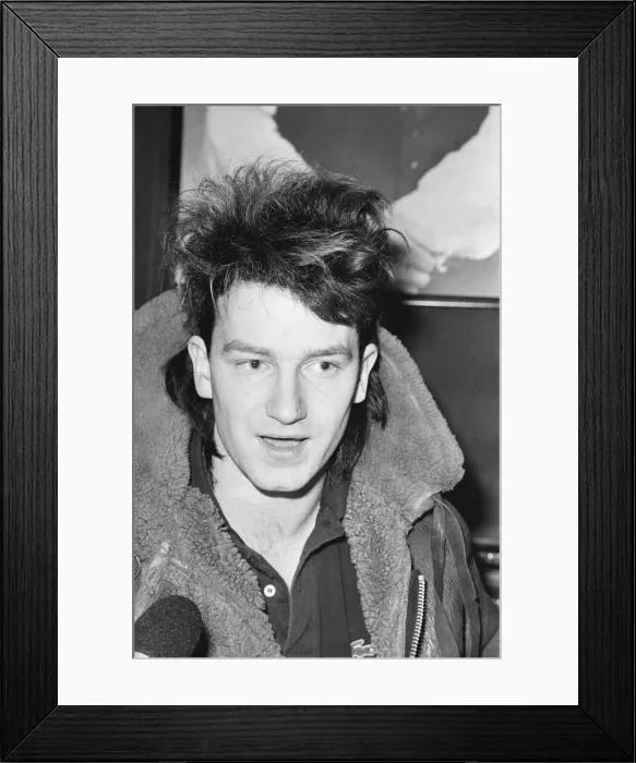 Framed Print : Bono, lead singer with Irish rock band U2 from Dublin, pictured during informal press Framed Print : Bono, lead singer with Irish rock band U2 from Dublin, pictured during informal press