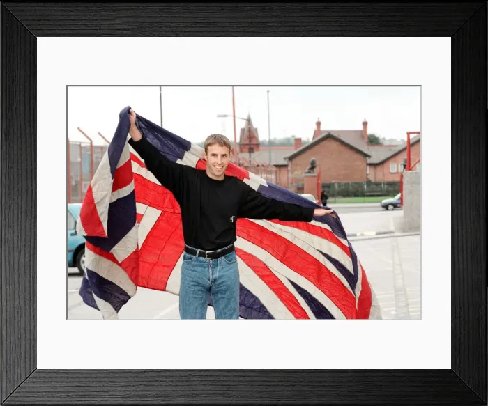 Framed Print : Aston Villa football player Gareth Southgate celebrates his England call up Framed Print : Aston Villa football player Gareth Southgate celebrates his England call up