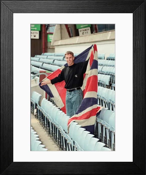Framed Print : Aston Villa football player Gareth Southgate celebrates his England call up Framed Print : Aston Villa football player Gareth Southgate celebrates his England call up