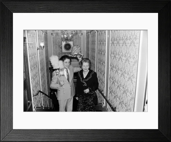 Framed Print : Comedian Ken Dodd clowning with a surprise member of the audience, Margaret Thatcher