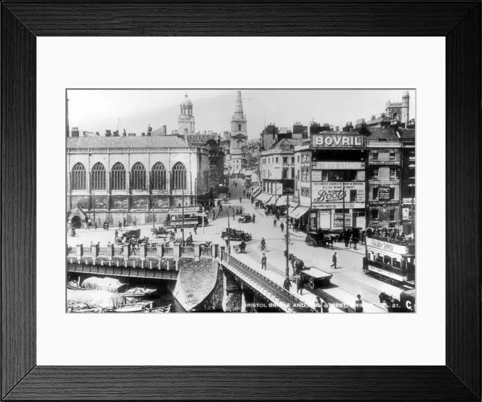 Framed Print : Bristol Bridge, showing trams, shops, advertising signs and St Peters Church