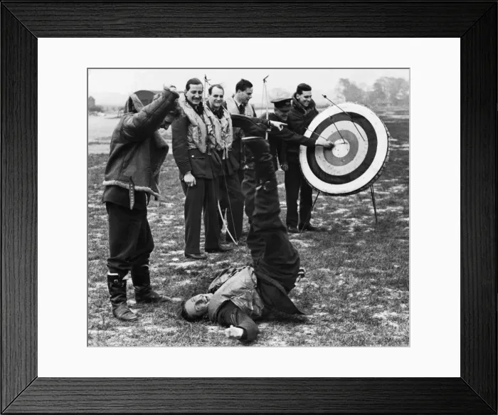 Framed Print : RAF pilots and crew enjoy some time out between missions with a round of archery at their Framed Print : RAF pilots and crew enjoy some time out between missions with a round of archery at their