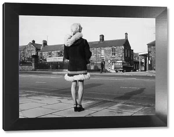 Young mother looking across road at Newcastle General Hospital. 31st October 1974