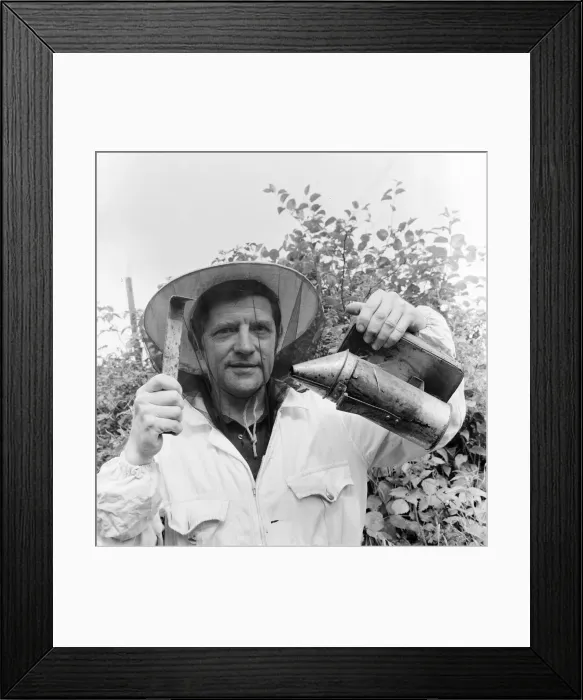 Framed Print : Beekeeper, G Baitey, holding Smoker with heat shield and hook, Newcastle, 22nd July 1971 Framed Print : Beekeeper, G Baitey, holding Smoker with heat shield and hook, Newcastle, 22nd July 1971
