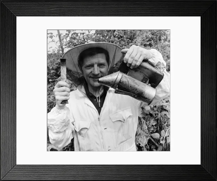 Framed Print : Beekeeper, G Baitey, holding Smoker with heat shield and hook, Newcastle, 22nd July 1971 Framed Print : Beekeeper, G Baitey, holding Smoker with heat shield and hook, Newcastle, 22nd July 1971