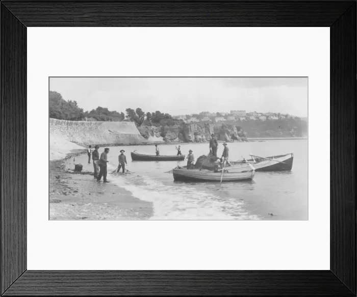 Framed Print : Fishermen launching their seine nets off Livermead beach in 1888 Framed Print : Fishermen launching their seine nets off Livermead beach in 1888