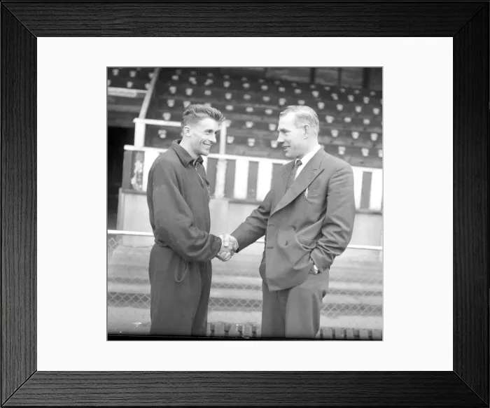 Framed Print : Torquay United manager Eric Webber (right) bidding farewell to Peter Wakeham on hs Framed Print : Torquay United manager Eric Webber (right) bidding farewell to Peter Wakeham on hs
