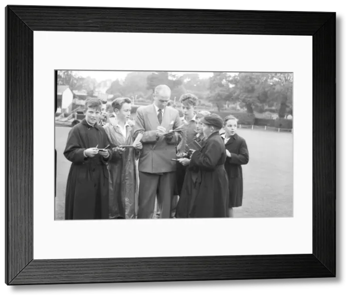 Framed Print : September 1957 Northants and England batsman Dennis Brooks surrounded by autograph Framed Print : September 1957 Northants and England batsman Dennis Brooks surrounded by autograph