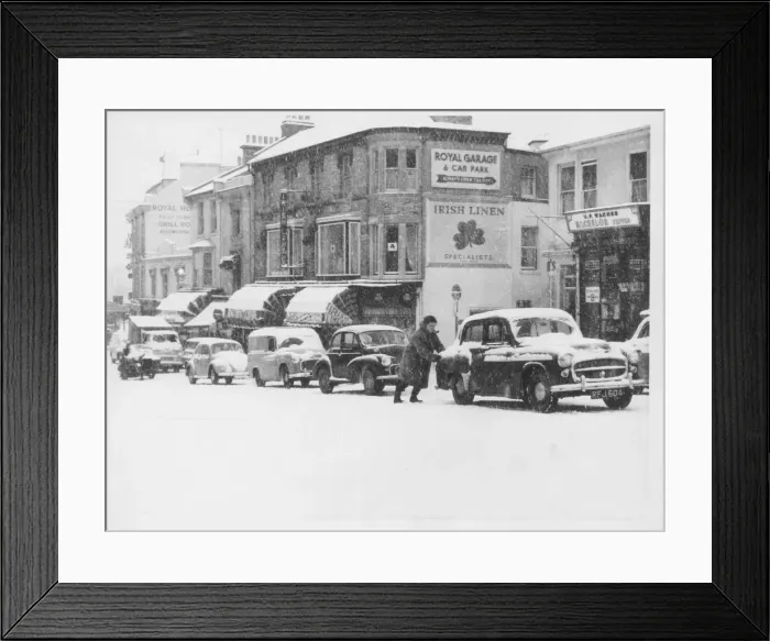 Framed Print : Snow scene - Torwood Street, Torquay 1962 Framed Print : Snow scene - Torwood Street, Torquay 1962