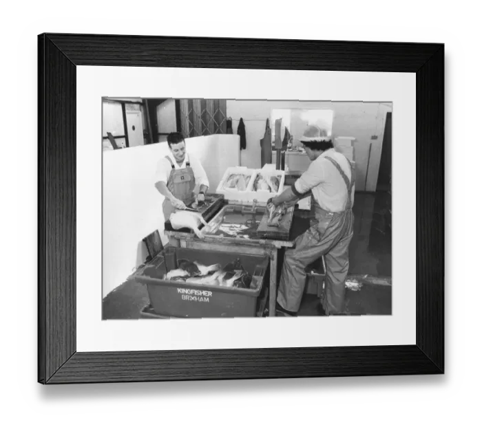 Framed Print : Filleting the catch at Brixham fish market in February 1988 Framed Print : Filleting the catch at Brixham fish market in February 1988