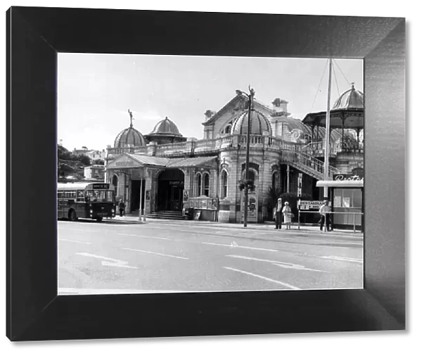 Torquay Pavilion front view, in 1971. Showing bus, bus stop