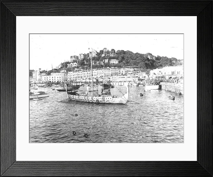 Framed Print : Replica Viking ship the Hugin, was the star turn at Torquay Regatta in 1949 Framed Print : Replica Viking ship the Hugin, was the star turn at Torquay Regatta in 1949