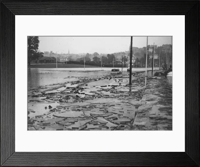 Framed Print : Flooding in Torquay, 4th August 1938. Floating wood blocks on the sea front Framed Print : Flooding in Torquay, 4th August 1938. Floating wood blocks on the sea front