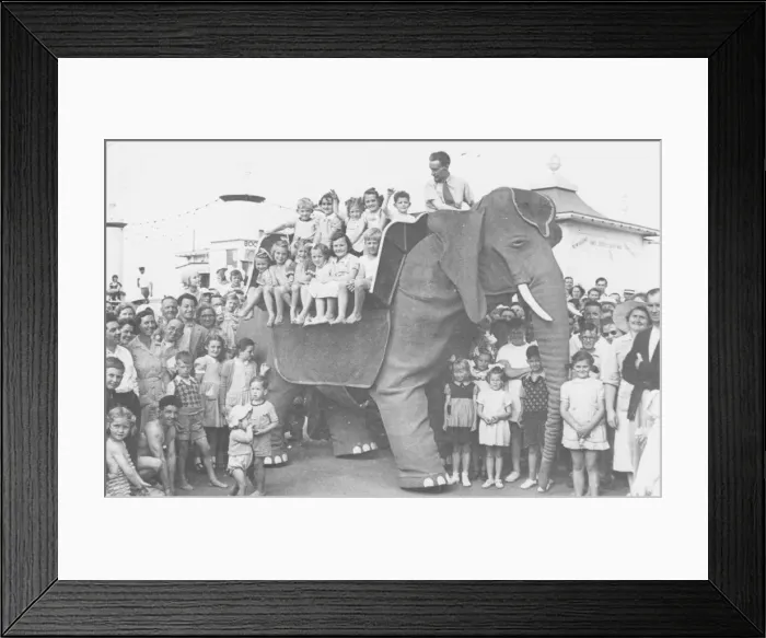 Framed Print : Jenny 1, the mechanical elephant on Paignton seafront in July 1957 Framed Print : Jenny 1, the mechanical elephant on Paignton seafront in July 1957