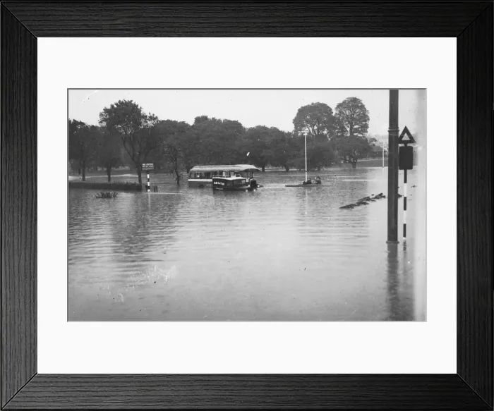 Framed Print : Flooding in Kings Drive, Torquay, 4th August 1938. Bus caught in the flood Framed Print : Flooding in Kings Drive, Torquay, 4th August 1938. Bus caught in the flood