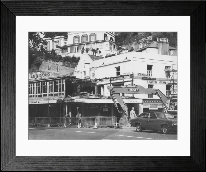 Framed Print : Work underway demolishing Addison cafe in Cary Parade, Torquay Circa 1973 Framed Print : Work underway demolishing Addison cafe in Cary Parade, Torquay Circa 1973