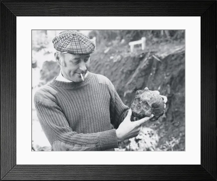 Framed Print : A workman with the skull uncovered when building the new Herald Express office on Barton Framed Print : A workman with the skull uncovered when building the new Herald Express office on Barton