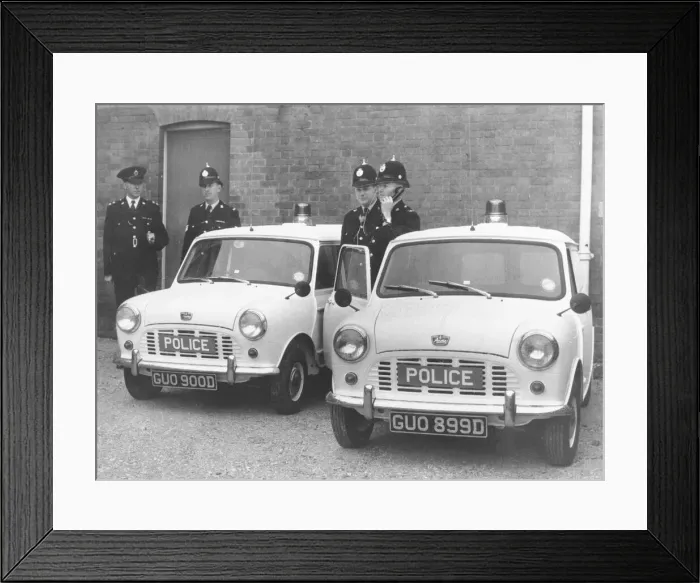 Framed Print : New mini vans at Paignton Police station 1966 Framed Print : New mini vans at Paignton Police station 1966