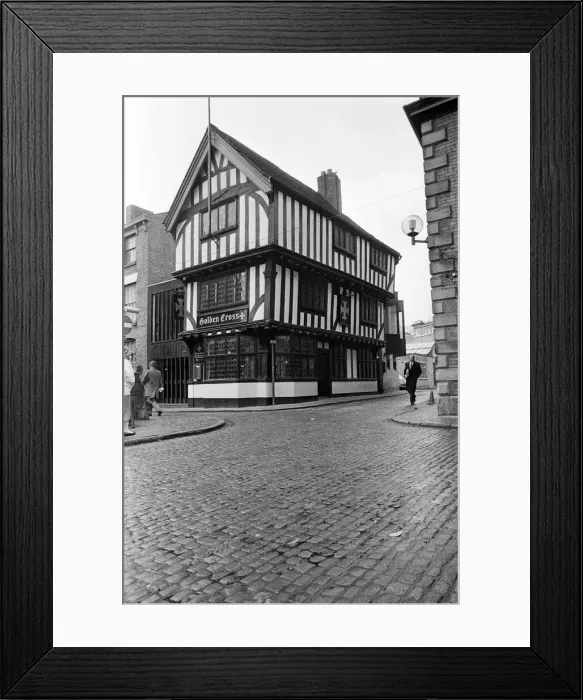 Framed Print : Old timber buildings in Coventry. The Golden Cross pub in Coventry, West Midlands Framed Print : Old timber buildings in Coventry. The Golden Cross pub in Coventry, West Midlands