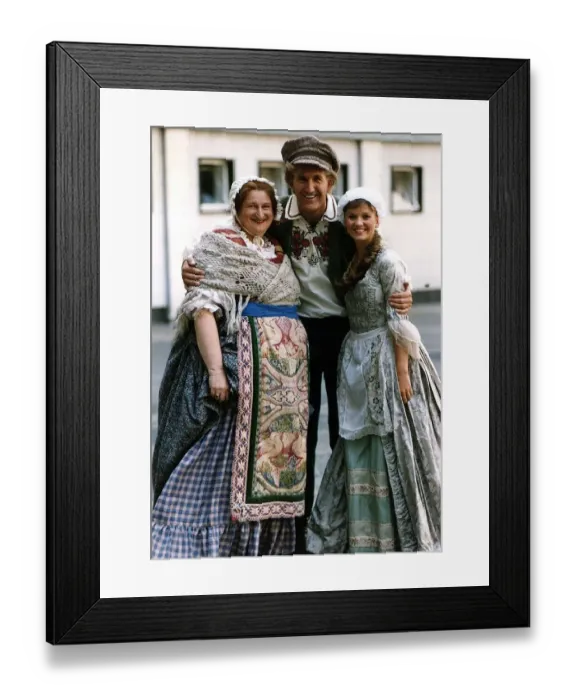 Framed Print : Russ Abbot with Bella Emberg (left) and Lisa Maxwell at the launch of the BBCs new autumn
