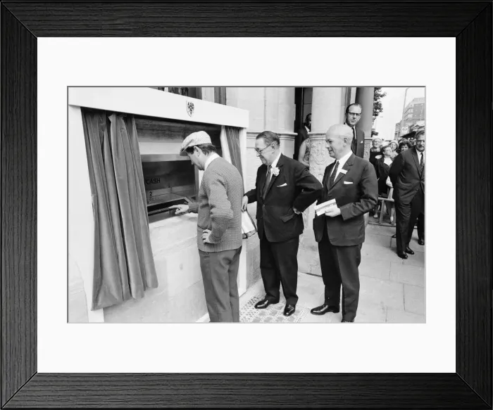Framed Print : The Worlds First ATM, Cash Machine is unveiled at Barclays Bank, in Enfield, Middlesex