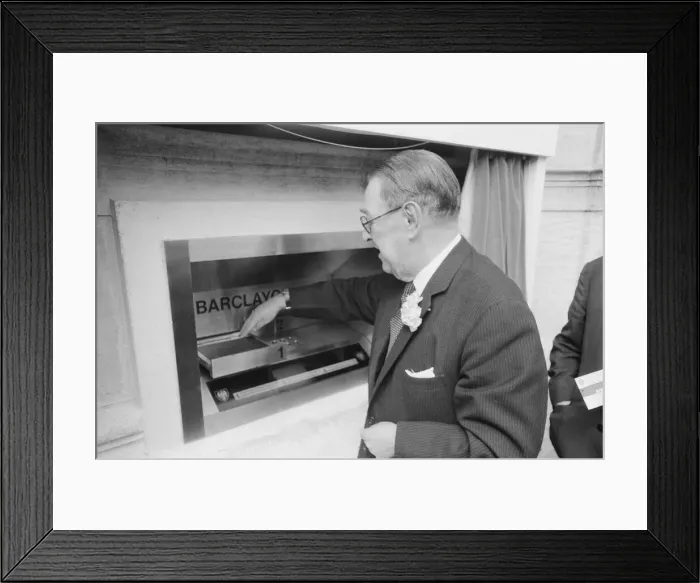 Framed Print : The Worlds First ATM, Cash Machine is unveiled at Barclays Bank, in Enfield, Middlesex Framed Print : The Worlds First ATM, Cash Machine is unveiled at Barclays Bank, in Enfield, Middlesex