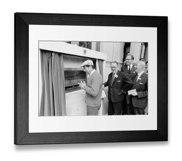 Framed Print : The Worlds First ATM, Cash Machine is unveiled at Barclays Bank, in Enfield, Middlesex Framed Print : The Worlds First ATM, Cash Machine is unveiled at Barclays Bank, in Enfield, Middlesex