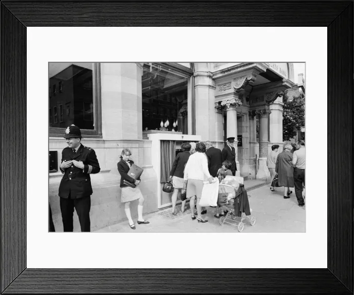 Framed Print : The Worlds First ATM, Cash Machine is unveiled at Barclays Bank, in Enfield, Middlesex Framed Print : The Worlds First ATM, Cash Machine is unveiled at Barclays Bank, in Enfield, Middlesex
