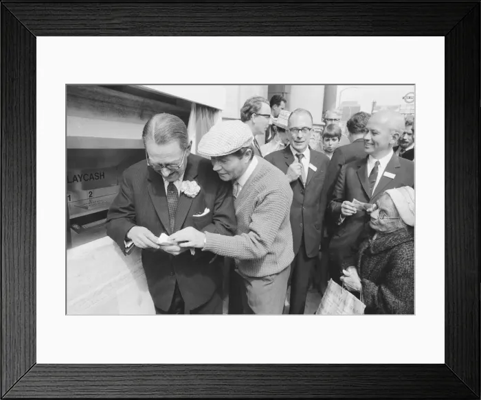 Framed Print : The Worlds First ATM, Cash Machine is unveiled at Barclays Bank, in Enfield, Middlesex Framed Print : The Worlds First ATM, Cash Machine is unveiled at Barclays Bank, in Enfield, Middlesex