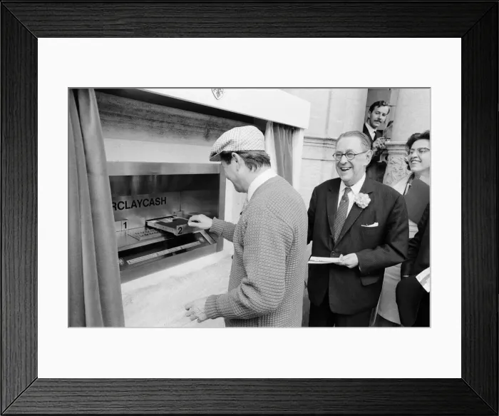 Framed Print : The Worlds First ATM, Cash Machine is unveiled at Barclays Bank, in Enfield, Middlesex Framed Print : The Worlds First ATM, Cash Machine is unveiled at Barclays Bank, in Enfield, Middlesex