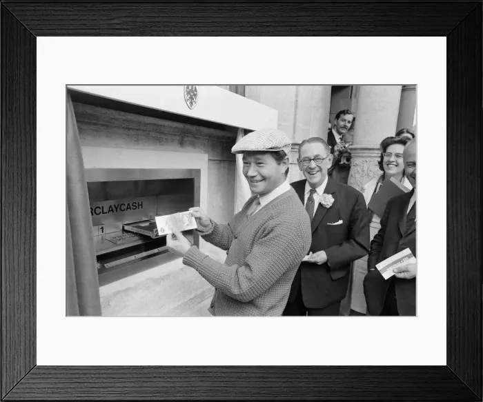 Framed Print : The Worlds First ATM, Cash Machine is unveiled at Barclays Bank, in Enfield, Middlesex Framed Print : The Worlds First ATM, Cash Machine is unveiled at Barclays Bank, in Enfield, Middlesex