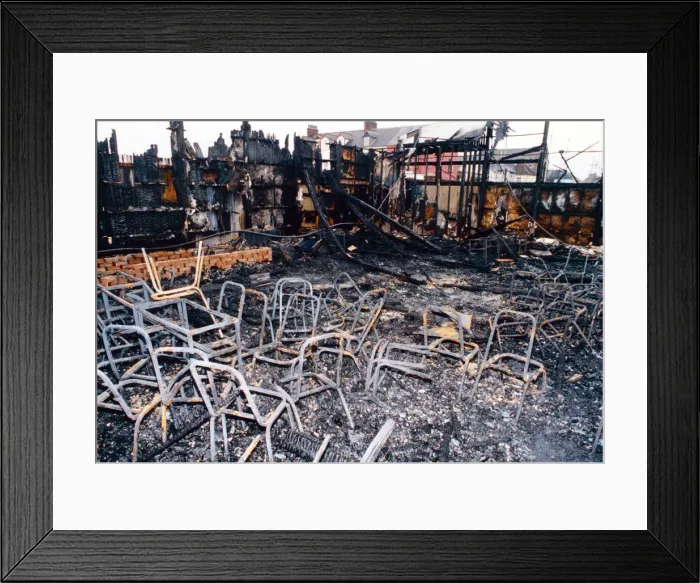 Framed Print : Burned to the ground - all that remains of South Bank FC social club after the double