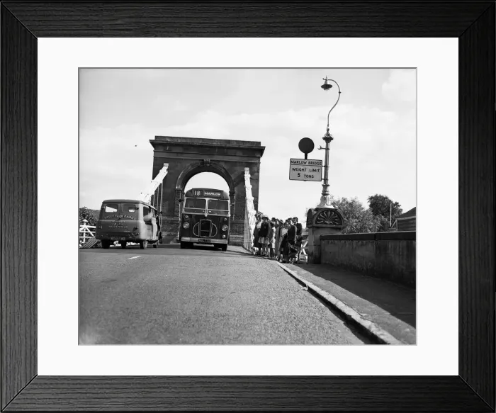 Framed Print : Bus passengers walk over Marlow Bridge. Marlow Bridge is a road traffic Framed Print : Bus passengers walk over Marlow Bridge. Marlow Bridge is a road traffic
