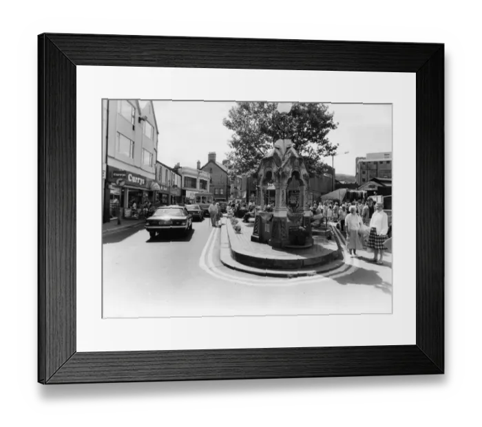 Framed Print : The fountain near the entrance to the market in central Pontypridd. 8th August 1987 Framed Print : The fountain near the entrance to the market in central Pontypridd. 8th August 1987