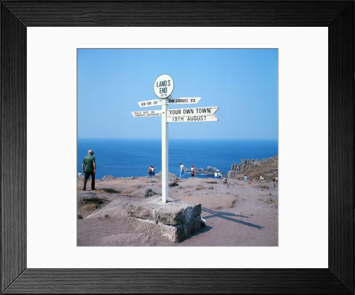 Framed Print : Lands End signpost, Cornwall. 19th August 1973