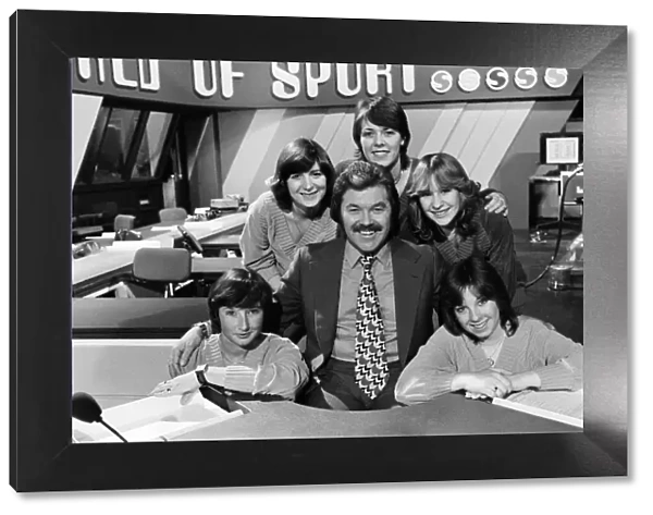 ITVs World of Sport presenter Dickie Davies with five women who work with