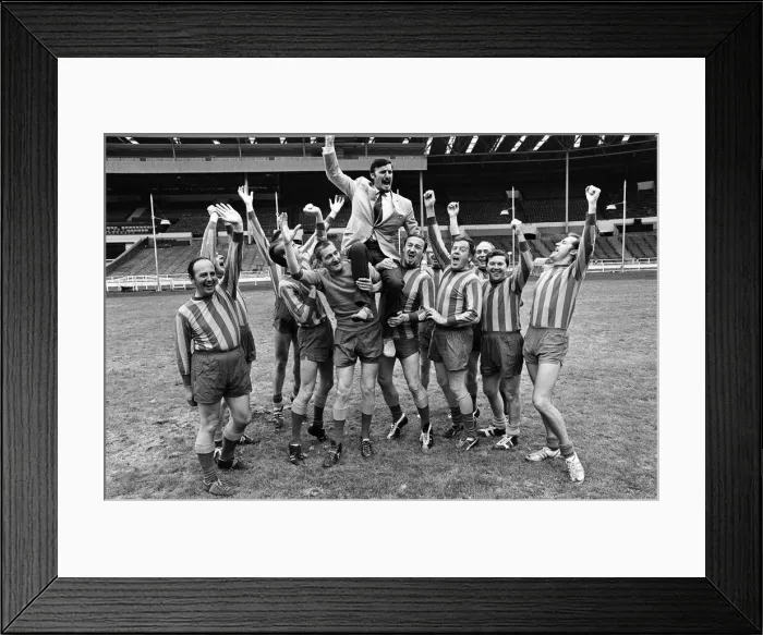 Framed Print : Jimmy Hill pictured being lifted up by a football team. Television presenter Dickie Framed Print : Jimmy Hill pictured being lifted up by a football team. Television presenter Dickie