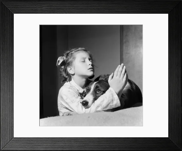 Framed Print : A girl and dog praying. 21st December 1954