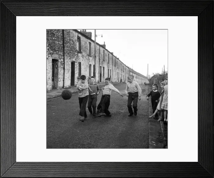 Framed Print : Children playing football in the road. Ebbw Vale, Blaenau Gwent, Wales. September 1960