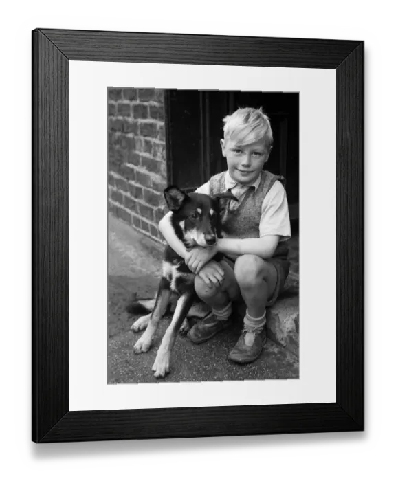 Framed Print : Kenneth Griffiths, pictured at home with Lassie, the dog he took with him on his Framed Print : Kenneth Griffiths, pictured at home with Lassie, the dog he took with him on his